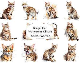 Bengal Cat Watercolor Clipart – 12 JPGs, Commercial License (Digital Download)