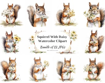 Squirrel and Daisy Watercolor Clipart – Digital Art, Card Making (Digital Download)