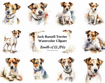 Jack Russell Terrier Watercolor Clipart – 12 JPGs (Digital Download)