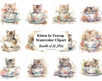 Kitten in Teacup Watercolor Clipart – 12 JPGs, Commercial Use (Digital Download)