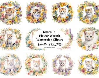 Kitten Flower Wreath Clipart – Watercolor Cat Illustrations (Digital Download)