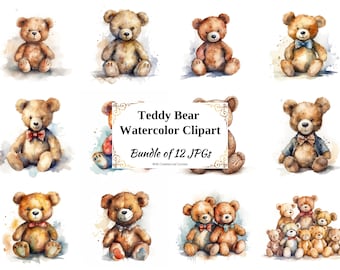 Teddy Bear Watercolor Clipart – 12 JPG Bundle (Digital Download)