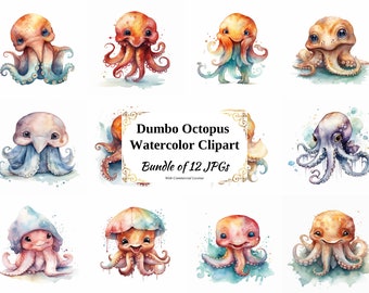 Dumbo Octopus Watercolor Clipart – 12 JPG Images (Digital Download)