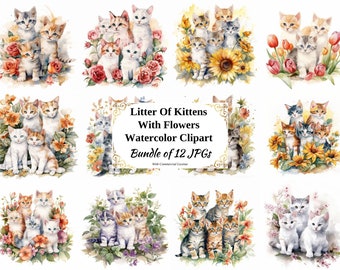 Watercolor Kittens Clipart – Floral Cat Designs (Digital Download)