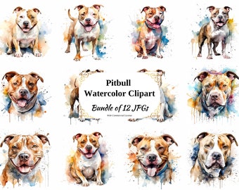 Pitbull Watercolor Clipart – 12 Dog Breed JPGs, Commercial License (Digital Download)