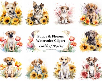 Puppy Watercolor Clipart – Floral Dog Art, 12 JPGs (Digital Download)