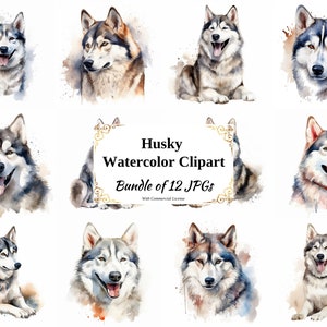 Husky Digital Clipart Pack - 12 High Quality JPGs - Digital Download - Card Making, Scrapbooking, Digital Paper Craft Supplies, Dog Clipart