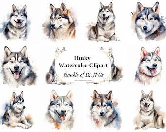 Husky Watercolor Clipart – Dog Breed Art, Commercial Use (Digital Download)