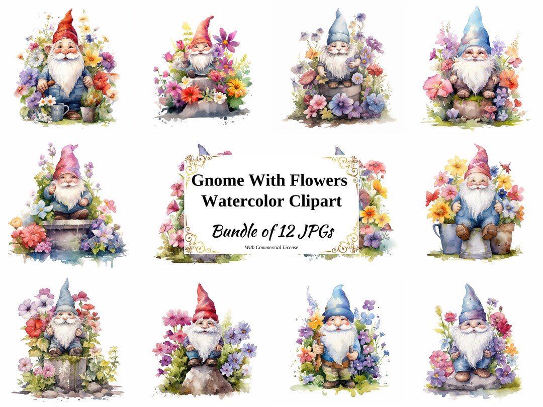 Gnome With Flowers Clipart – Watercolor Gnomes, JPG Bundle (digital ...