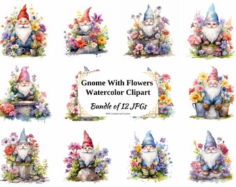 Gnome With Flowers Clipart – Watercolor Gnomes, JPG Bundle (Digital Download)