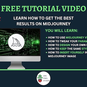 May include: A green and black computer screen with a white sailboat icon. The text on the screen reads "FREE TUTORIAL VIDEO LEARN HOW TO GET THE BEST RESULTS ON MIDJOURNEY YOU WILL LEARN: &bull; HOW TO USE MIDJOURNEY V5.2 &bull; HOW TO TWEAK YOUR PARAMETERS &bull; HOW TO DESIGN YOUR OWN PROMPTS &bull; HOW TO KEEP THE SAME STYLE &bull; HOW TO INSERT YOURSELF IN A MIDJOURNEY IMAGE".