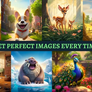 May include: A collage of cartoon animals, including a corgi, a deer, a donkey, a pug, a walrus, a peacock, and a hippopotamus. The animals are all smiling and appear to be happy. The background of the collage is a variety of different landscapes, including a city street, a forest, a field, a room, an ice floe, and a river.