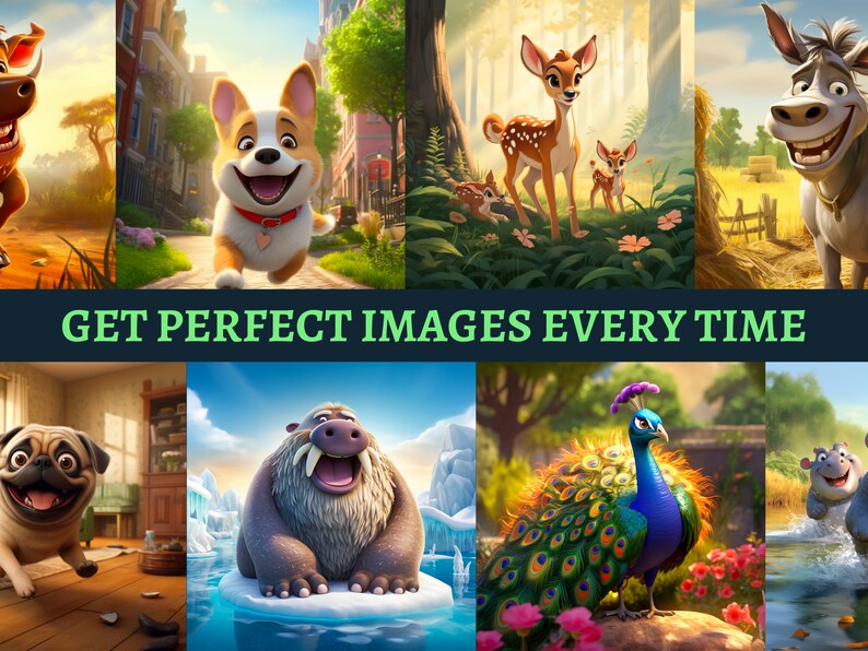 May include: A collage of cartoon animals, including a corgi, a deer, a donkey, a pug, a walrus, a peacock, and a hippopotamus. The animals are all smiling and appear to be happy. The background of the collage is a variety of different landscapes, including a city street, a forest, a field, a room, an ice floe, and a river.