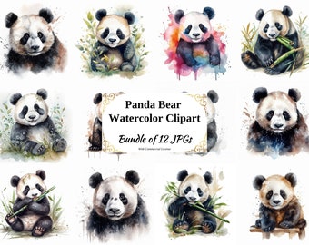 Panda Bear Watercolor Clipart – 12 JPGs, Commercial Use (Digital Download)