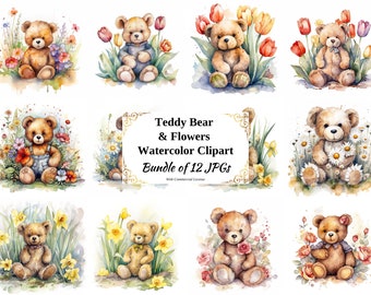 Watercolor Teddy Bear Clipart – Floral JPG Bundle (12 Images, Digital Download)