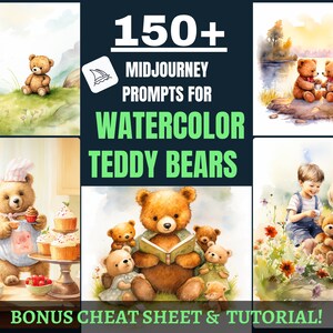 Puede incluir: Una descarga digital de más de 150 indicaciones de Midjourney para crear ilustraciones de osos de peluche en acuarela. La imagen muestra varios ejemplos de osos de peluche en acuarela en diferentes escenas, incluyendo un oso de peluche horneando magdalenas, dos osos de peluche tomando el té junto a un lago y un oso de peluche leyendo un libro a otros osos de peluche.