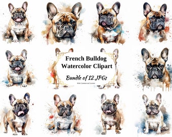 French Bulldog Watercolor Clipart – 12 JPGs, Commercial Use (Digital Download)