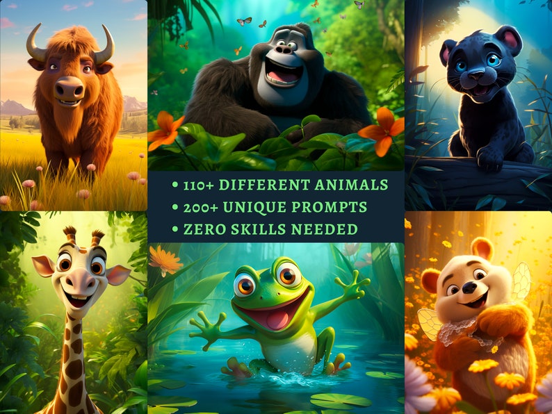 May include: A collage of cartoon animal images, including a yak, gorilla, panther, giraffe, frog, and a bear with fairy wings. The text below the images reads "110+ DIFFERENT ANIMALS, 200+ UNIQUE PROMPTS, ZERO SKILLS NEEDED."