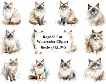 Ragdoll Cat Watercolor Clipart – 12 JPGs, Commercial Use (Digital Download)