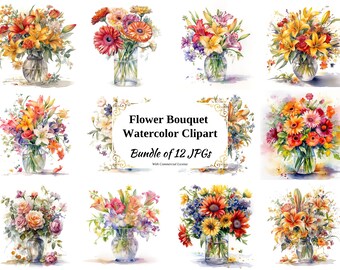 Watercolor Flower Bouquet Clipart – Floral Digital Art (12 JPGs)