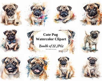 Cute Pug Digital Clipart Pack - 12 High Quality JPGs - Digital Download - Card Making, Scrapbooking, Mixed Media, Print On Demand, Clip art