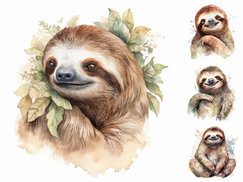 Sloth Watercolor Clipart – 12 JPG Digital Images (commercial License ...