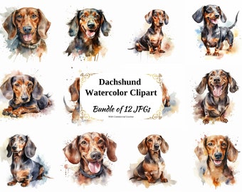 Dachshund Watercolor Clipart – 12 JPG Dog Breed Graphics (Digital Download)