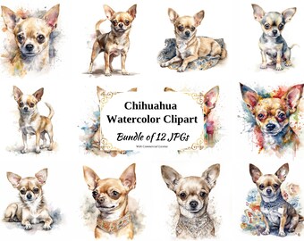 Chihuahua Watercolor Clipart – 12 Dog Breed JPGs (Digital Download)