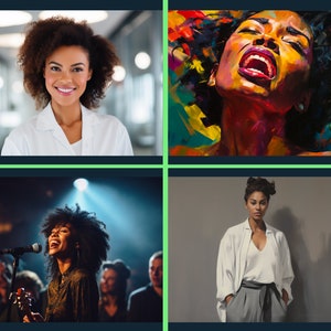 May include: Four images of Black women with different hairstyles and clothing. The first image shows a woman in a white lab coat smiling at the camera. The second image shows a woman with a colorful abstract painting style. The third image shows a woman singing into a microphone on stage. The fourth image shows a woman in a white shirt and gray pants standing in front of a gray wall.