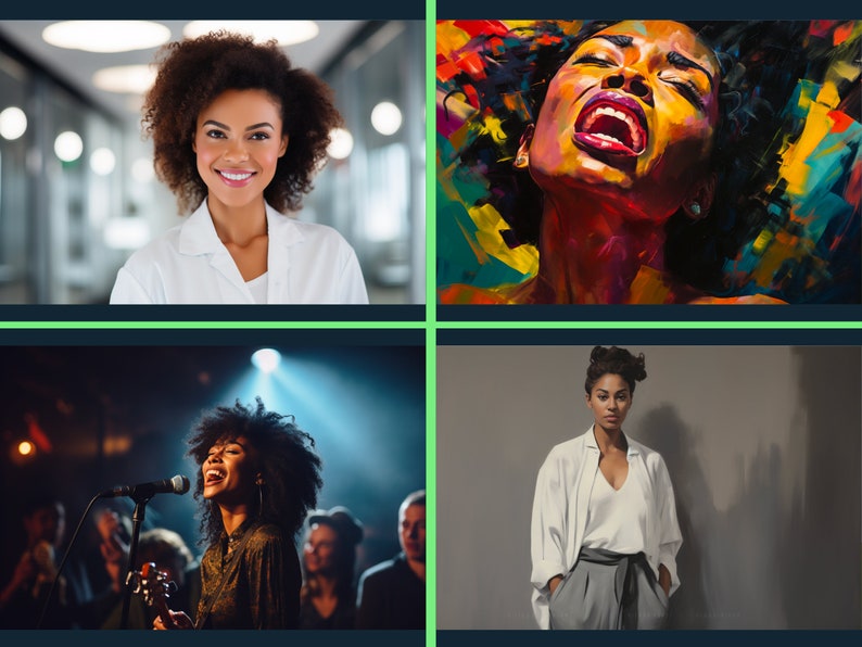 May include: Four images of Black women with different hairstyles and clothing. The first image shows a woman in a white lab coat smiling at the camera. The second image shows a woman with a colorful abstract painting style. The third image shows a woman singing into a microphone on stage. The fourth image shows a woman in a white shirt and gray pants standing in front of a gray wall.