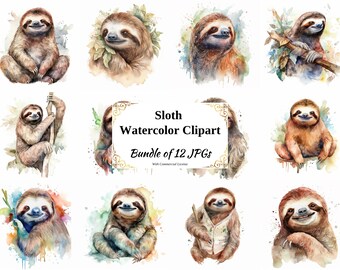 Sloth Watercolor Clipart – 12 JPG Digital Images (Commercial License)