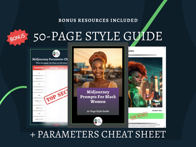 May include: A digital product bundle featuring a 50-page style guide and a cheat sheet for Midjourney prompts. The guide includes prompts for Black women and the cheat sheet covers Midjourney parameters. The text "Top Secret" is stamped on both documents.