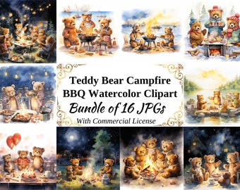 Teddy Bear Campfire Clipart – BBQ Watercolor Illustrations (Digital Download)