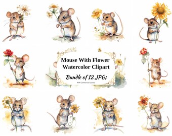 Mouse With Flower Watercolor Clipart – Digital Art (12 JPGs)