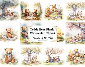 Teddy Bear Picnic Clipart – Watercolor JPG Images (Digital Download)