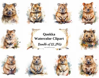 Quokka Watercolor Clipart – 12 JPG Digital Image Pack (Commercial License)