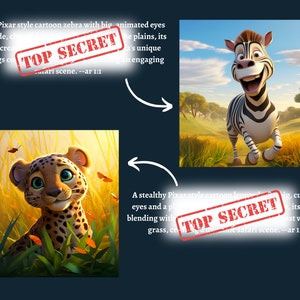 May include: Two cartoon animals, a zebra and a leopard, are shown in a safari setting. The zebra is running towards the viewer with a big smile on its face. The leopard is sitting in the grass with a curious expression on its face. Both animals have large, expressive eyes. The image is in a Pixar style.