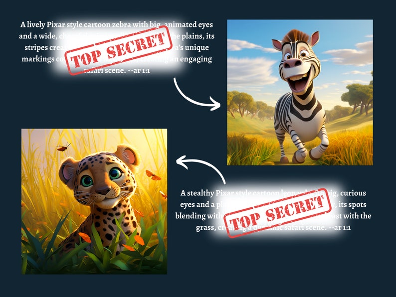 May include: Two cartoon animals, a zebra and a leopard, are shown in a safari setting. The zebra is running towards the viewer with a big smile on its face. The leopard is sitting in the grass with a curious expression on its face. Both animals have large, expressive eyes. The image is in a Pixar style.