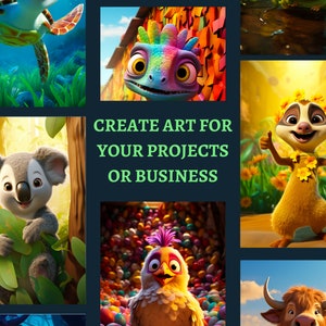 May include: A collage of colorful cartoon animals, including a turtle, a chameleon, a lemur, a chicken, and a bull. The text "CREATE ART FOR YOUR PROJECTS OR BUSINESS" is in the center of the image.