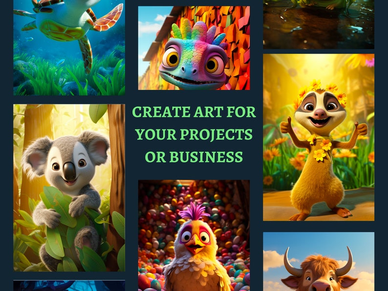May include: A collage of colorful cartoon animals, including a turtle, a chameleon, a lemur, a chicken, and a bull. The text "CREATE ART FOR YOUR PROJECTS OR BUSINESS" is in the center of the image.