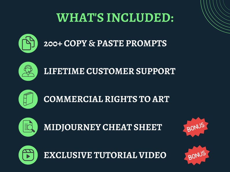 May include: A green and white graphic with the text "WHAT'S INCLUDED:" and a list of five items: 200+ copy & paste prompts, lifetime customer support, commercial rights to art, Midjourney cheat sheet, and exclusive tutorial video. Two red star-shaped icons with the word "BONUS" are at the bottom of the graphic.