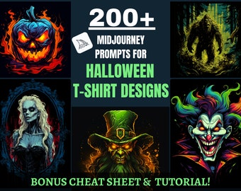 200+ Halloween T-Shirt Designs | Midjourney Prompts, Tutorial (Digital Download)