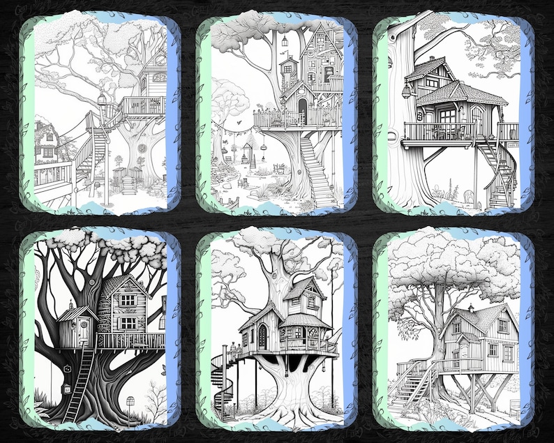 Enchanted Treehouse Printable Adults&amp;kids Coloring Pages - Etsy