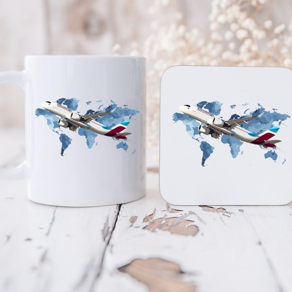 Personalisierte Flugzeug Tasse & Untersetzer Set Individuelle Name Tasse Luftfahrt Geschenk Personalisierte Tasse Kaffeetasse Geschenk Fluggesellschaft A320 Airbus Flugzeug Trinkgefäße