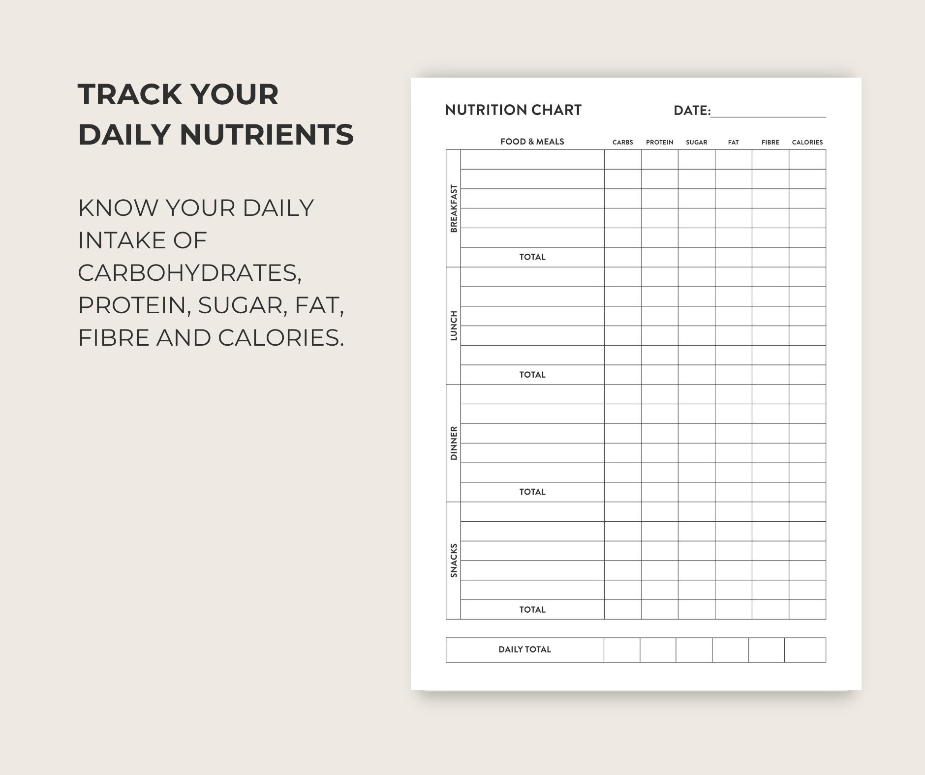 Daily Nutrition Chart Printable digital Instant Download Food Log Meal Tracker Diet Fitness Daily Nutrition Chart Printable digital Instant Download Food Log Meal Tracker Diet Fitness