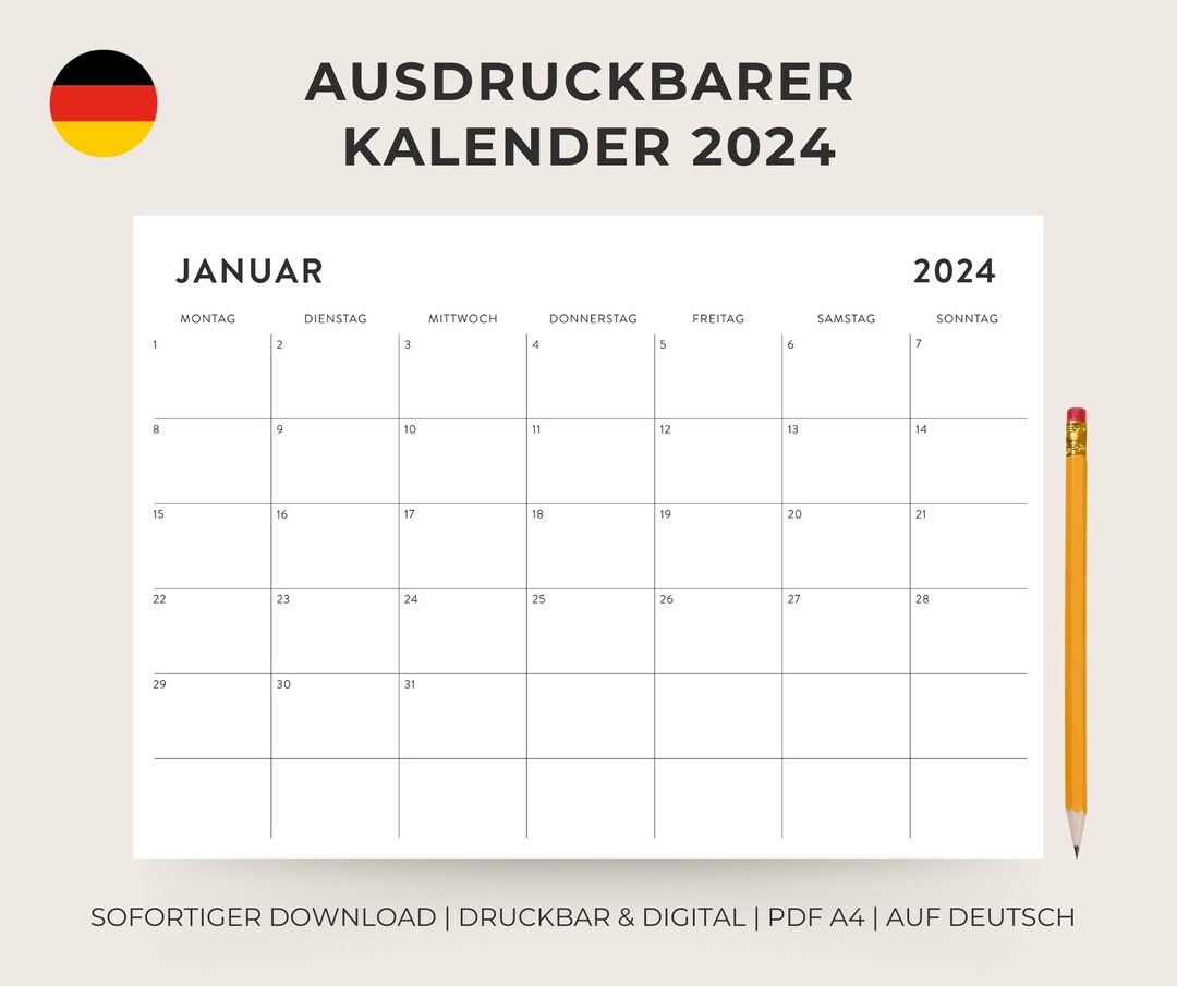 2024 Ausdruckbarer Kalender, Querformat Minimalistischer Monatskalender 