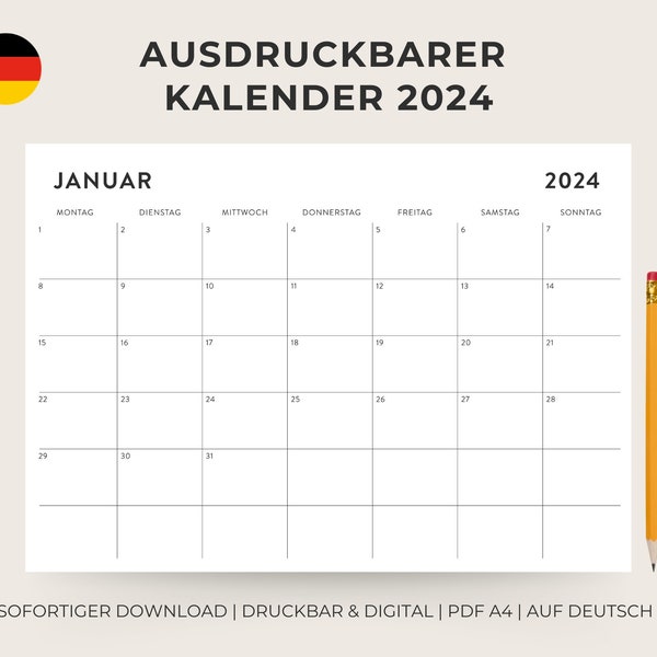 2024 Ausdruckbarer Kalender, Querformat | Minimalistischer Monatskalender | Sofortiger Download | PDF A4 und Letter | Montag & Sonntag Start