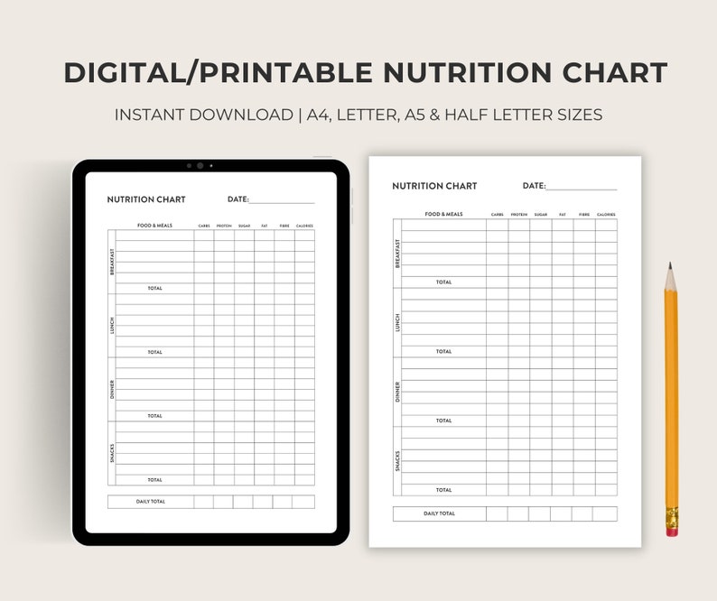 Daily Nutrition Chart, Printable/digital | Instant Download | Food Log | Meal Tracker | Diet ...