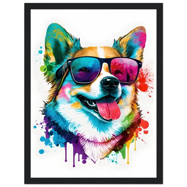 Poster Encadré en Bois - Corgi Cool - Éclats Pop Art et Lunettes de Star