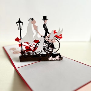 Beautiful Wedding couple on bicycle handmade popup card